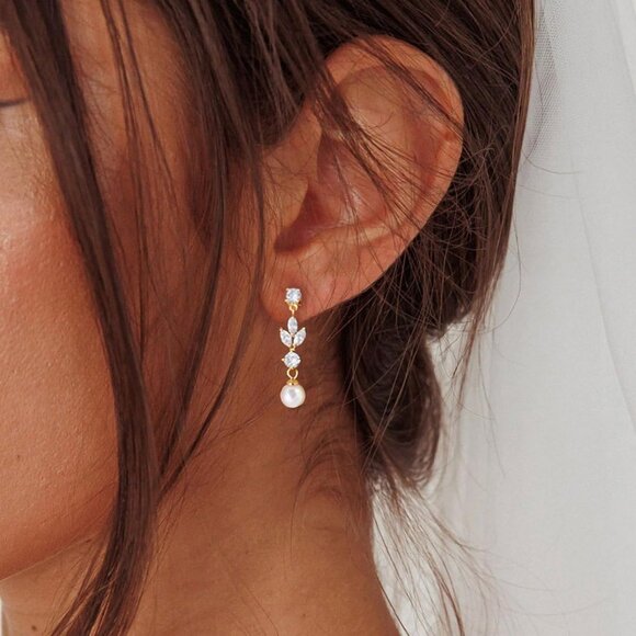 14k Gold Pearl Drop Dangle Earrings for Women, Bridal, Prom & Formal Jewelry - Picture 2 of 6